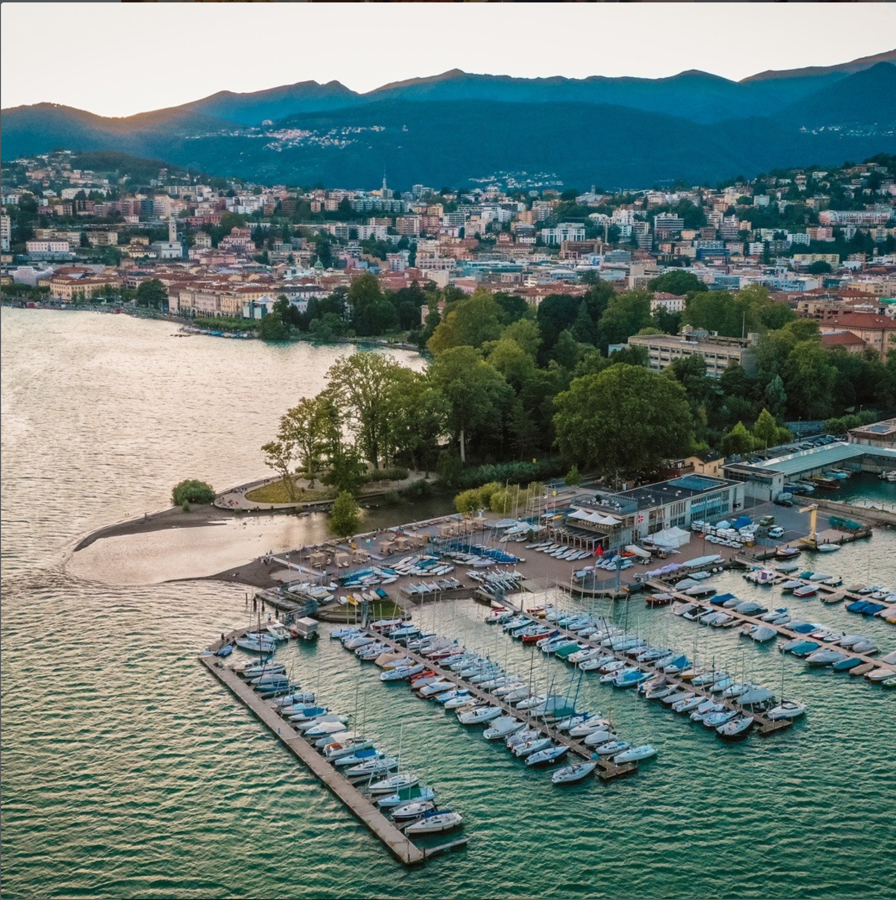 Aerial view of Porto Bello at the Foce marina, Lugano